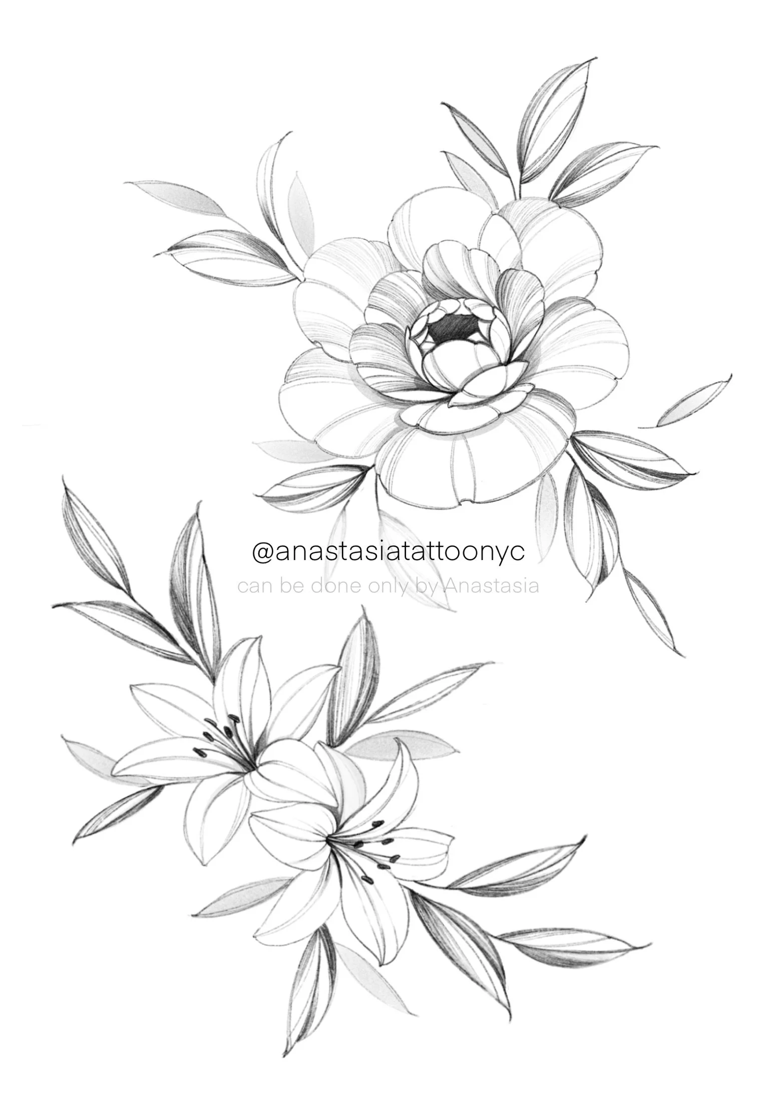 Black and white sketch of two flowers with leaves, with the text '@anastasiatattoonyc' and 'can be done only by Anastasia' overlaid in the center.