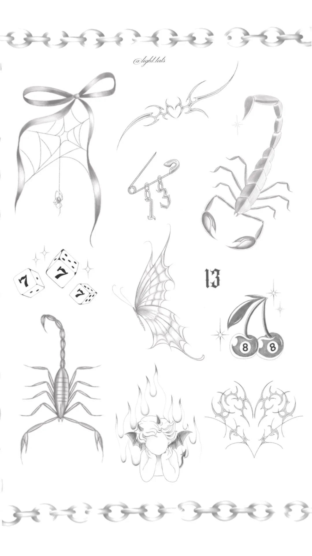 Collection of monochrome tattoo-style designs including a spider on web with ribbon, dragonfly, scorpion, bat wing, number 13, cherries with 8s, snake, fire-breathing creature, and abstract flame pattern, with chains at top and bottom.