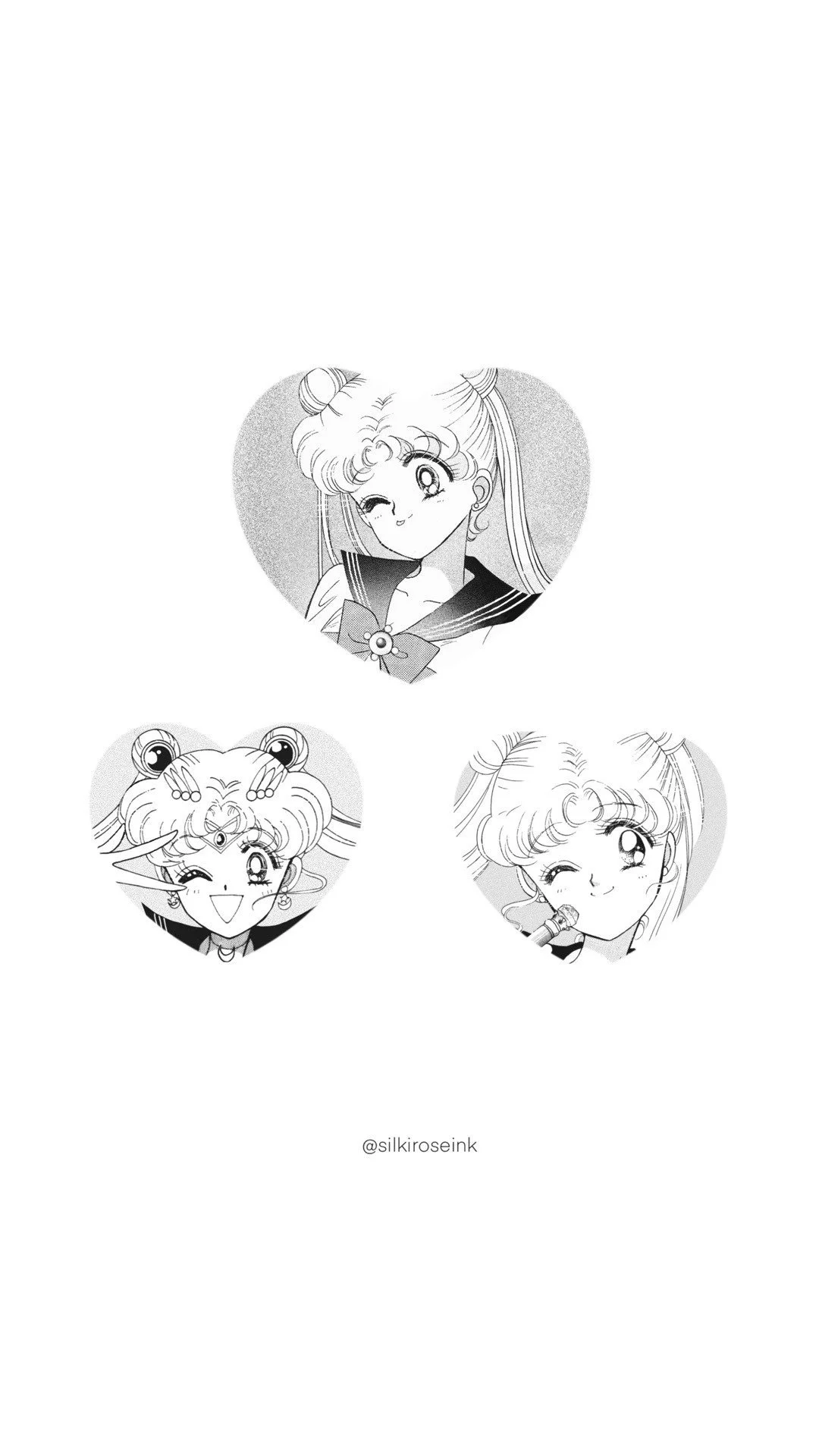 Three black and white illustrations of a young girl with long hair styled in buns, inside heart shapes. The girl is posing with different facial expressions and gestures, including winking, smiling, and holding a pen.
