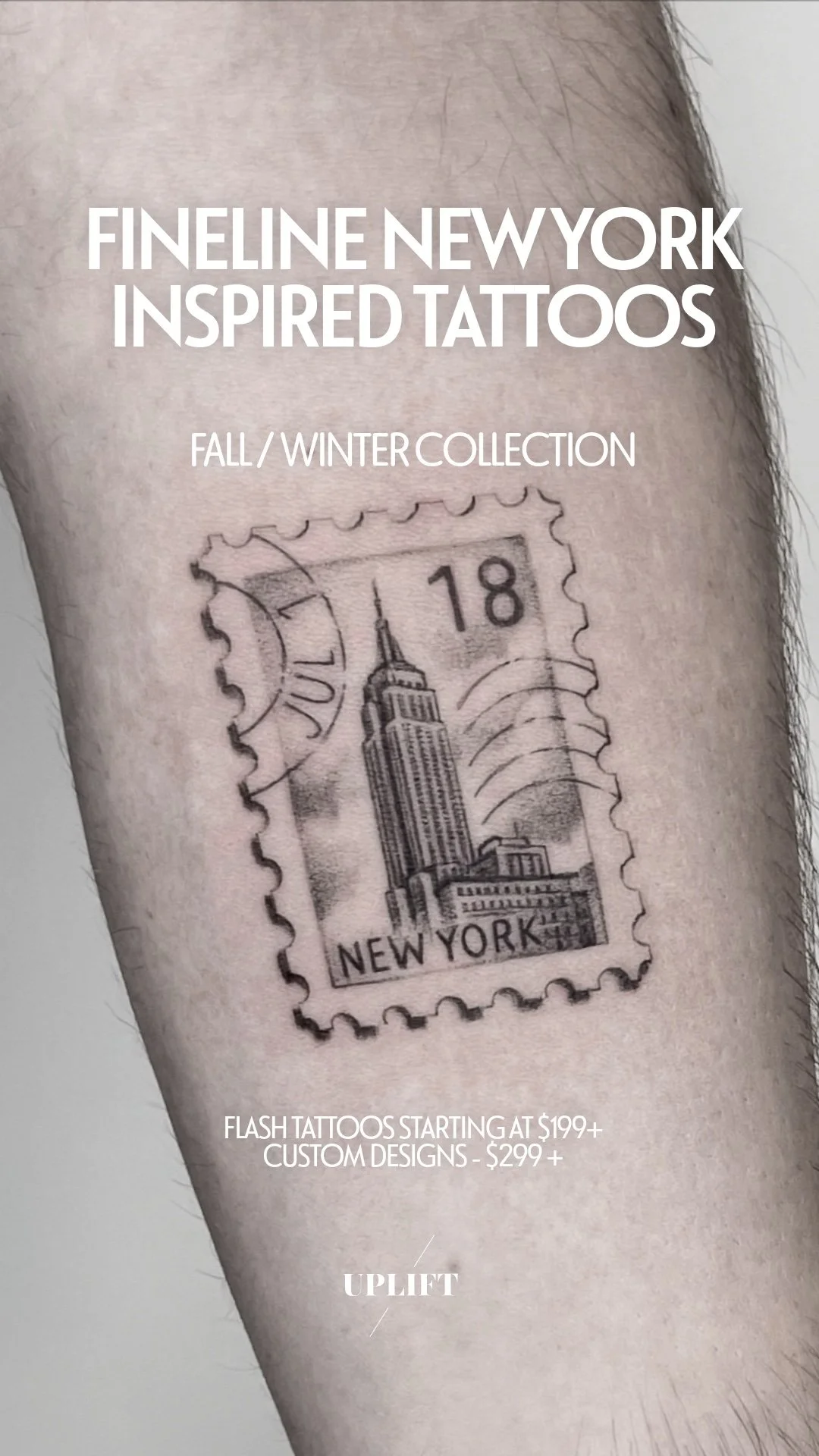 A tattoo of a New York City postage stamp featuring the Empire State Building, with the word "New York" and the date "Jul 18".
