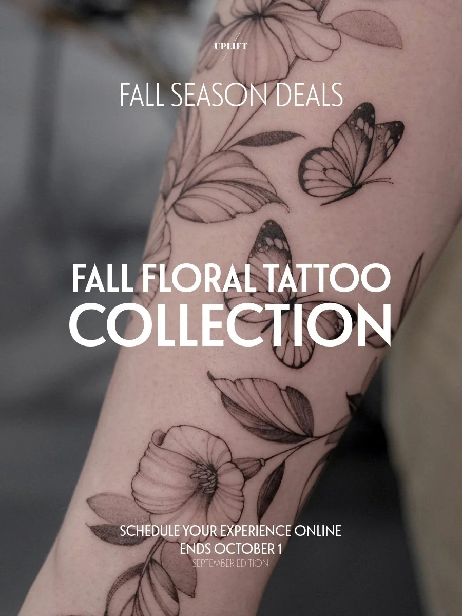 A tattoo of flowers and butterflies on someone's arm, promoting fall floral tattoo collection and fall season deals.