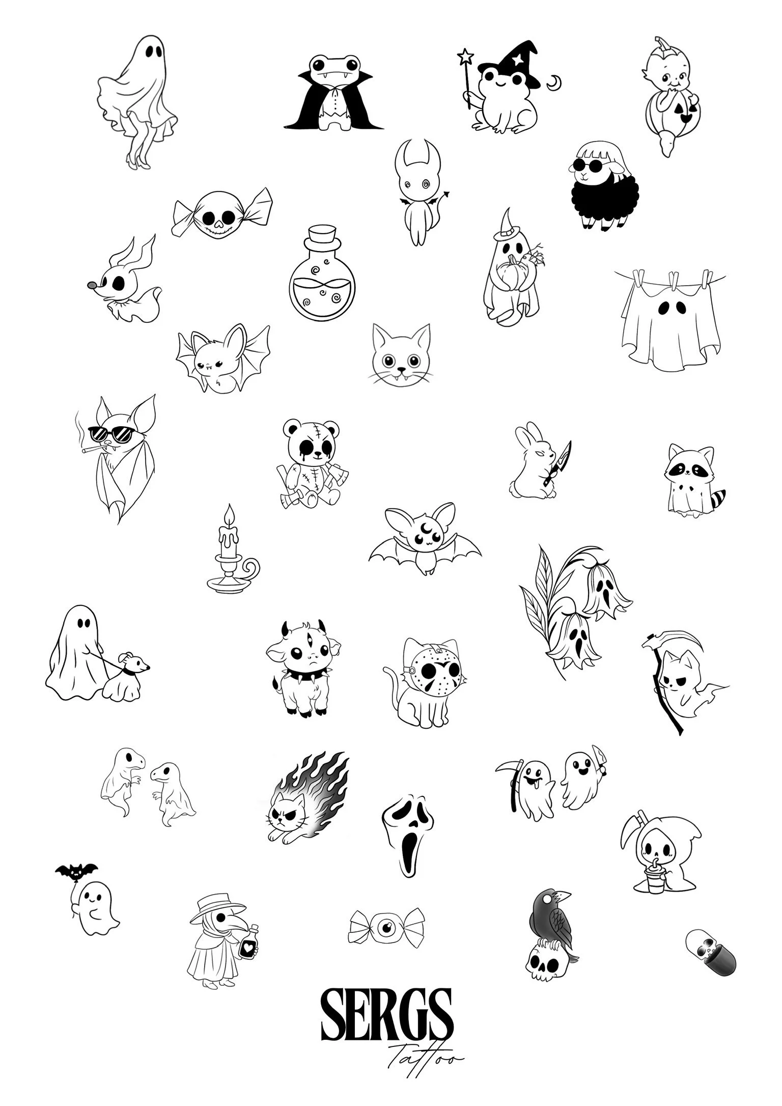 Collection of various Halloween-themed cartoon characters, including ghosts, witches, bats, cats, mummies, pumpkins, and other spooky decorations.