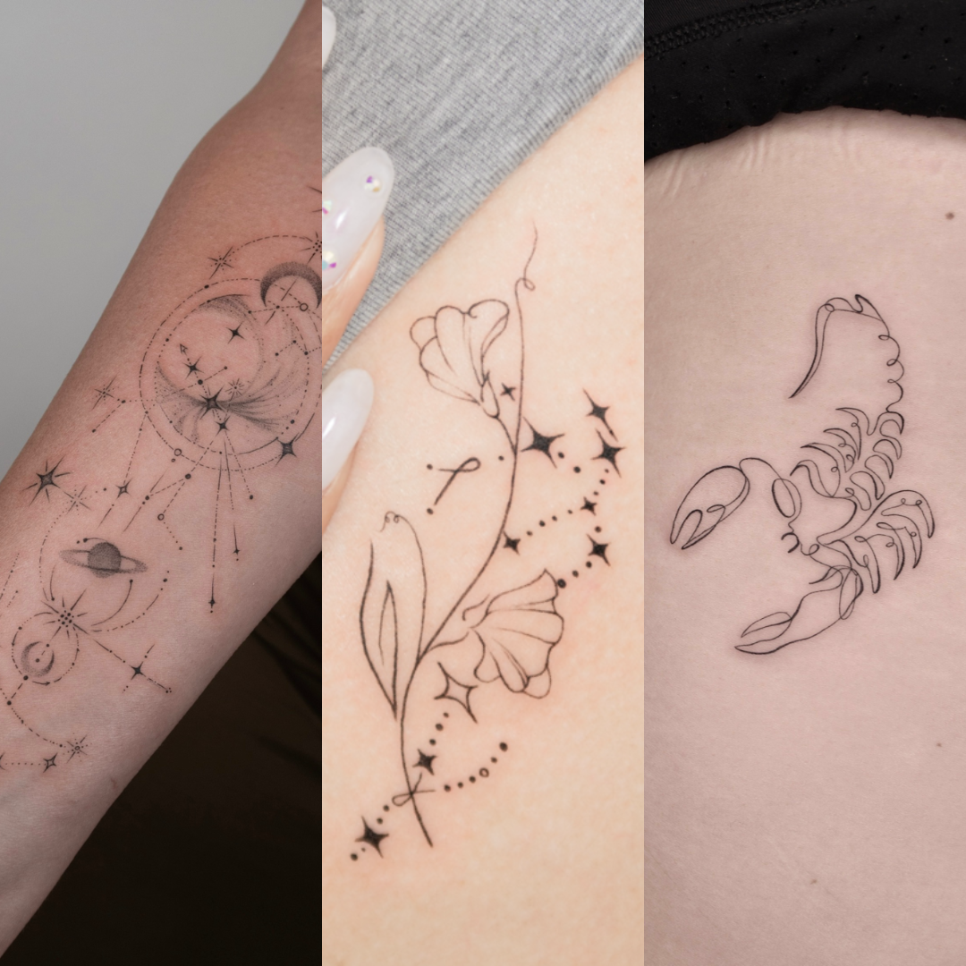 Three tattoos featuring celestial and floral designs. The first tattoo depicts a space theme with planets, stars, and constellations, arranged vertically on the arm. The second tattoo shows a delicate line drawing of a flowering vine with stars and d