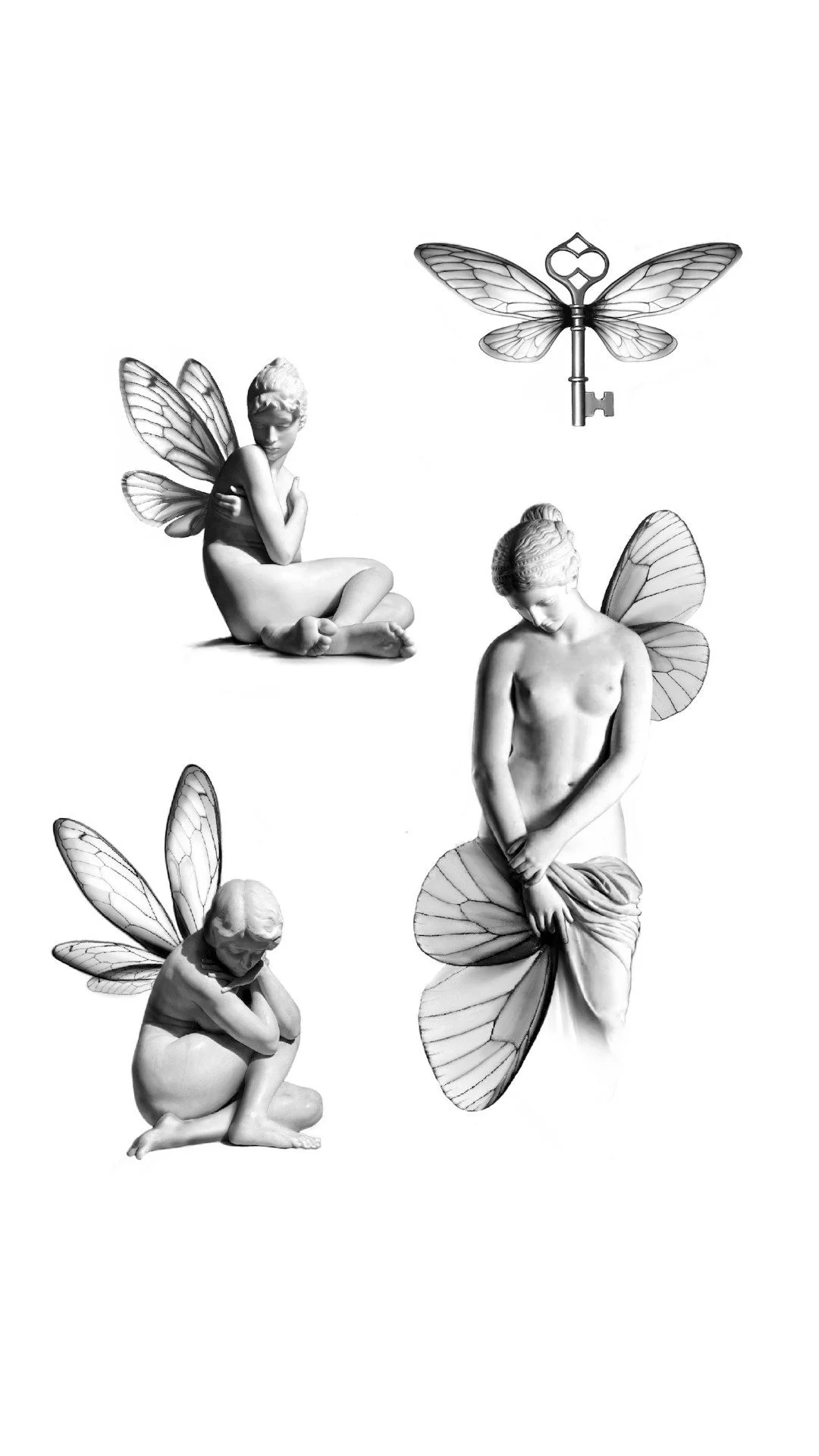 Black and white sculpture of four fairy-like women with butterfly wings, each in different poses, with a key with butterfly wings at the top.
