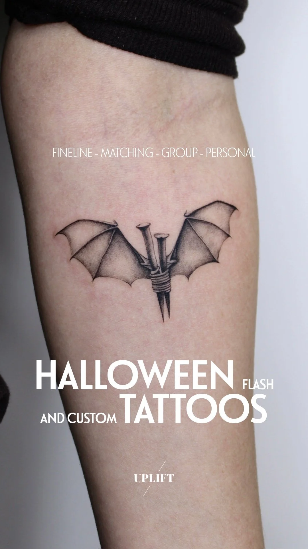 A tattoo of a bat with airplane-shaped ears on a person's thigh, with text overlay advertising Halloween flash and custom tattoos.