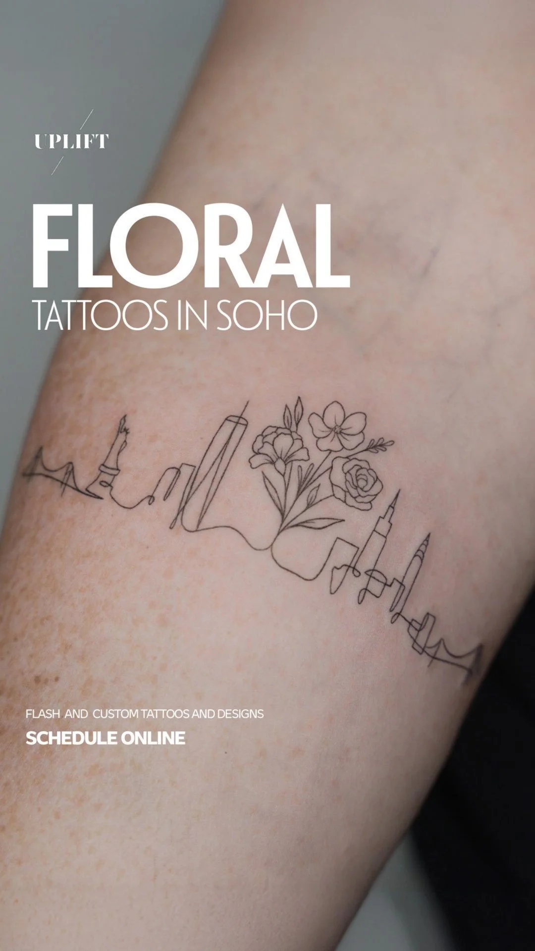 A tattoo of flowers and medical syringes on a person's arm with text overlay advertising floral tattoos in Soho and scheduling online.