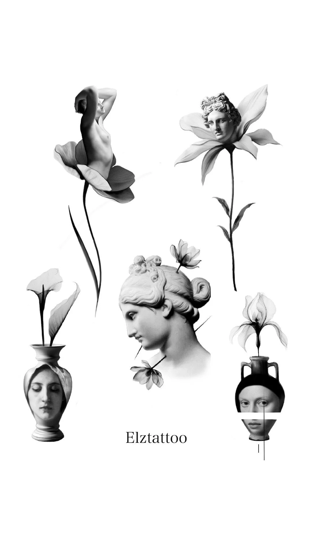 Collage of black and white images of classical sculptures and women with flower elements, with the word 'Elztattoo' at the bottom.