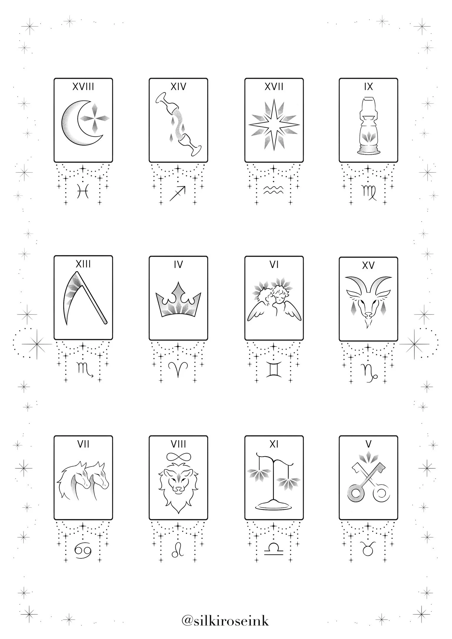A black and white illustration of tarot cards, including the Moon, Death, Star, Hermit, Scythe, Crown, Angels, Devil, Lion, and Key, arranged in a grid with decorative stars and celestial elements.