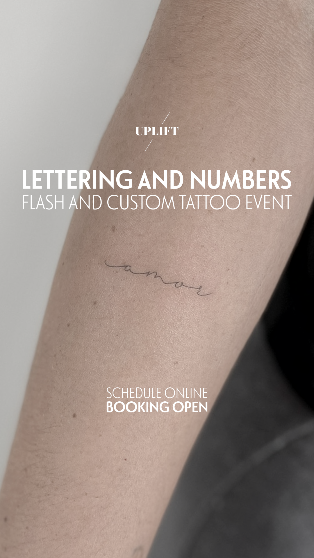 A person's arm with a small tattoo that says 'amore' in cursive script, with promotional text for a tattoo event.