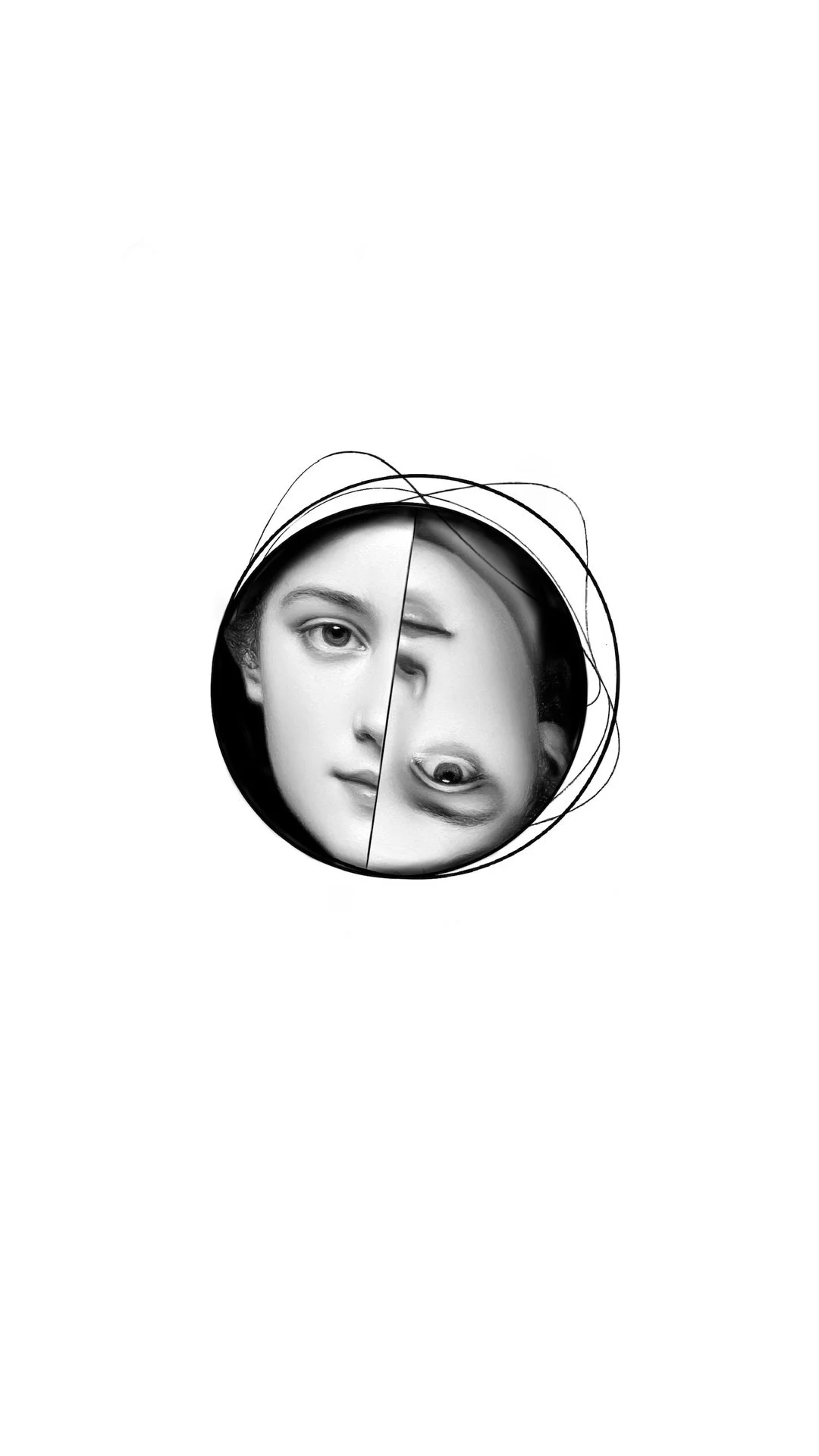 A black and white circular mirror reflecting a woman's face, with one half showing her normal face and the other half upside down and distorted.