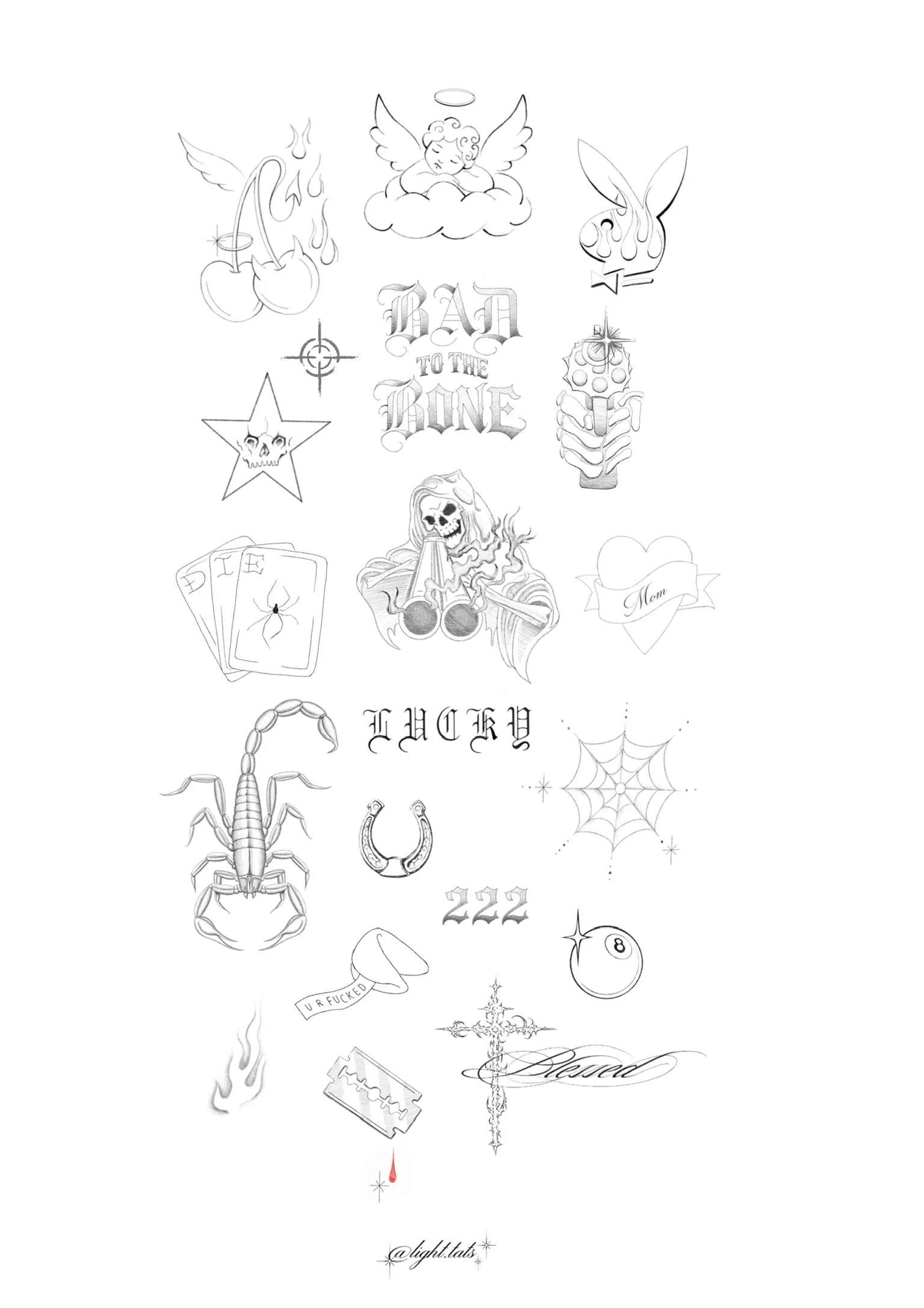 A collection of black and white tattoo-style illustrations including cherries with flames, an angel with wings and a halo, a rabbit with flames, a star with a skull, a set of playing cards, a skeleton with flames, a heart with "Mom" text, Gothic text