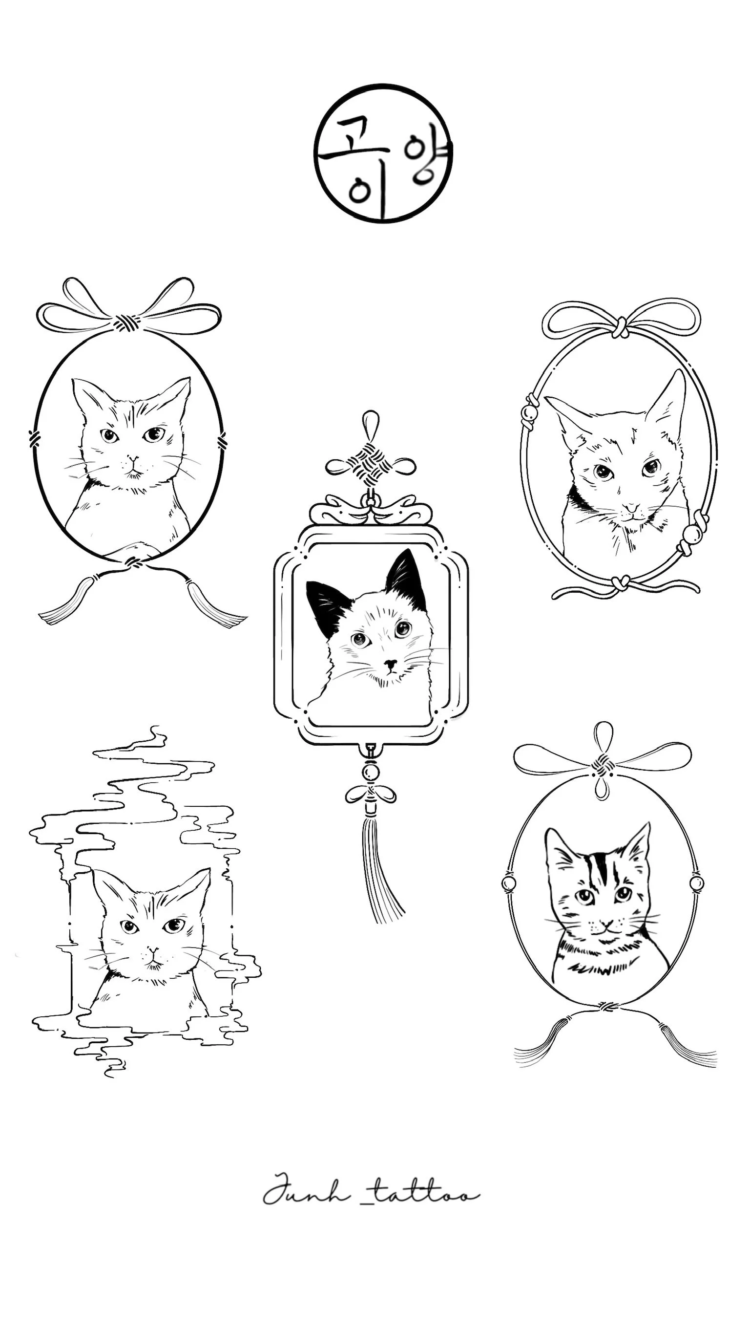Black and white illustration of six different cat tattoo designs with the text 'bunt_tattoo' at the bottom.