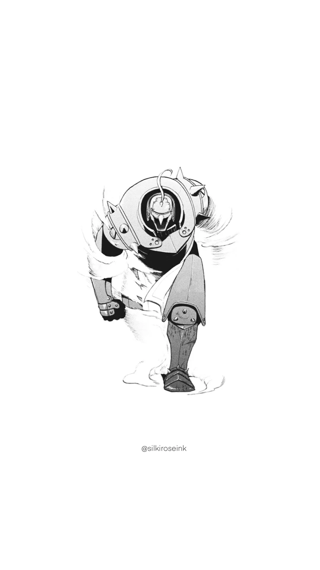 Black and white illustration of a humanoid robot with a round head, cables sticking out, and a friendly expression on its face. The robot is walking forward with a confident stride.