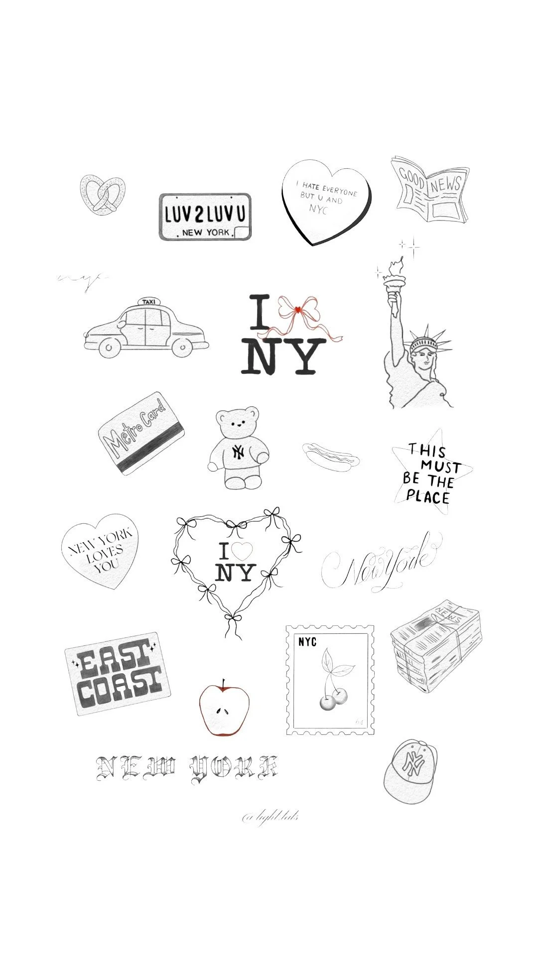 A collection of black and white sketches and doodles related to New York City, including a taxi, Statue of Liberty, Empire State Building, hot dog, apple, newspaper, and various phrases like "I love NY" and "New York loves you."
