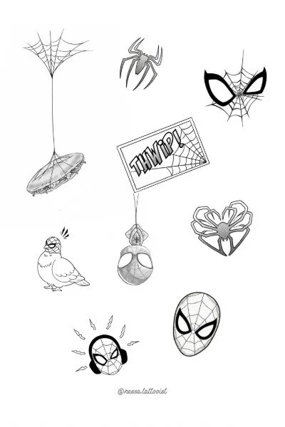 Collection of black and white Spider-Man themed doodles, including Spider-Man faces, spider webs, spiders, a spider-shaped heart, a pigeon, and a 