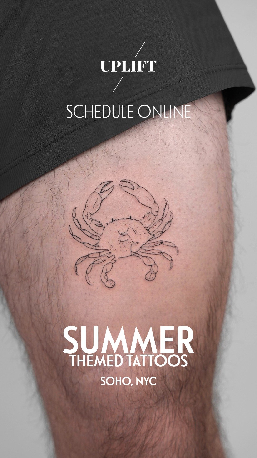 fineline-crab-tattoo-thigh-summer-soho-nyc