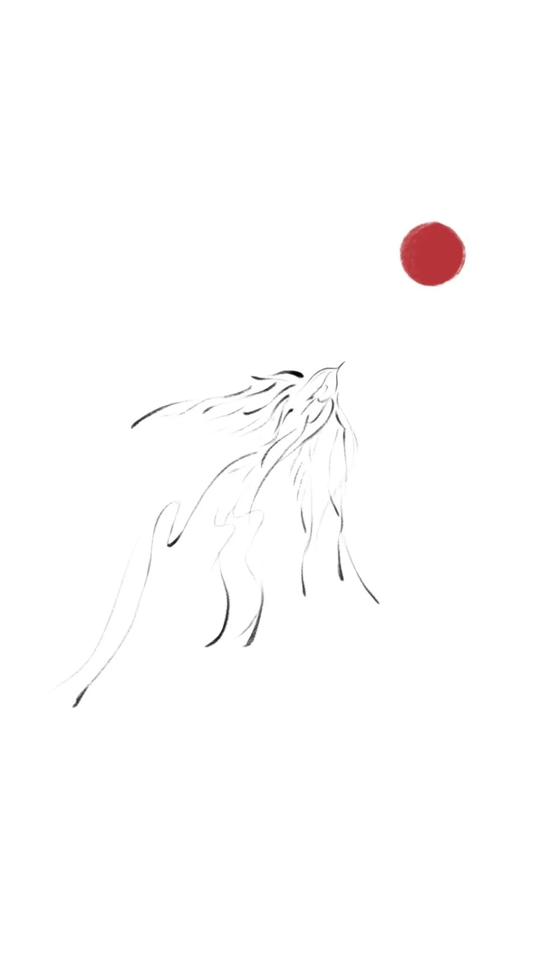 Minimalist line drawing of a horse's head with flowing mane, and a red circle in the upper right.