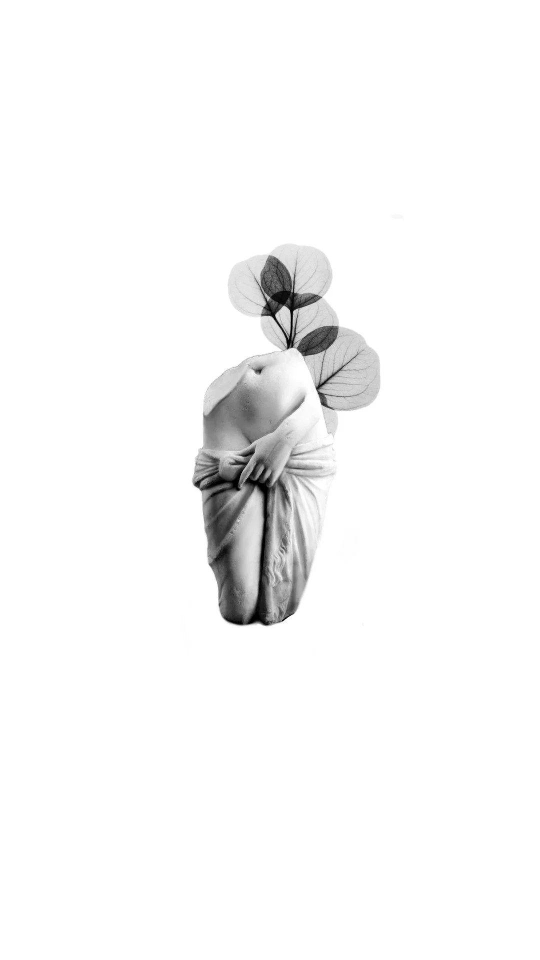 A black and white image of a classical sculpture of a kneeling woman with fabric draped around her waist. Her head is replaced with a cluster of leaves and branches.