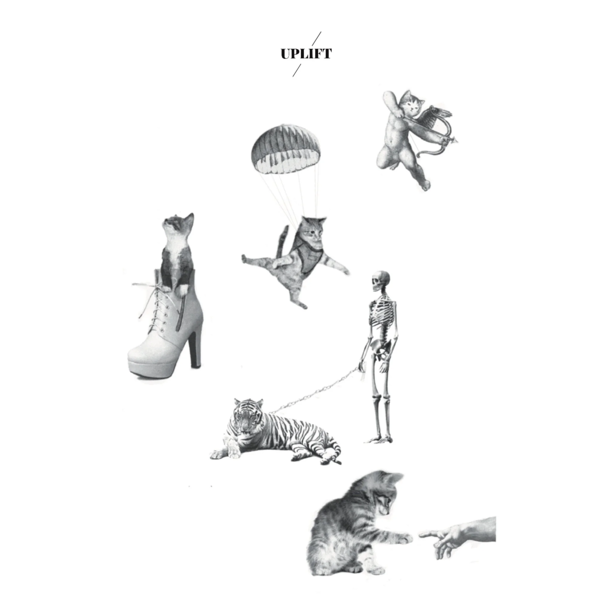 Collage of animals with surreal elements, including a cat with a parachute, a mouse with a bowtie and a mask, a cat in high-heeled shoe, a skeleton holding a leash, a tiger lying down, a kitten touching a human finger, and a rabbit with a mouse on it