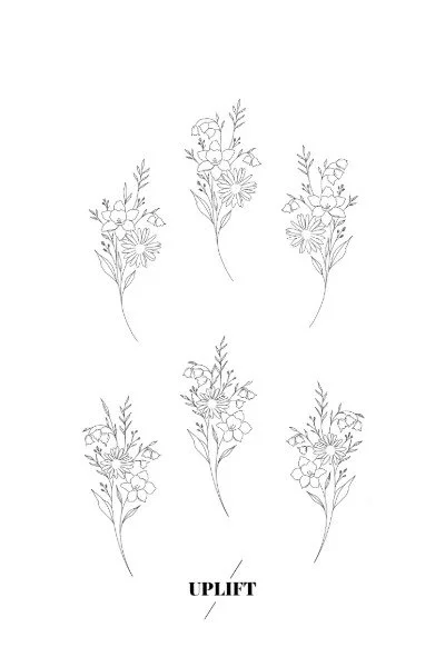 Six sketches of floral arrangements with the word 'UPLIFT' at the bottom.
