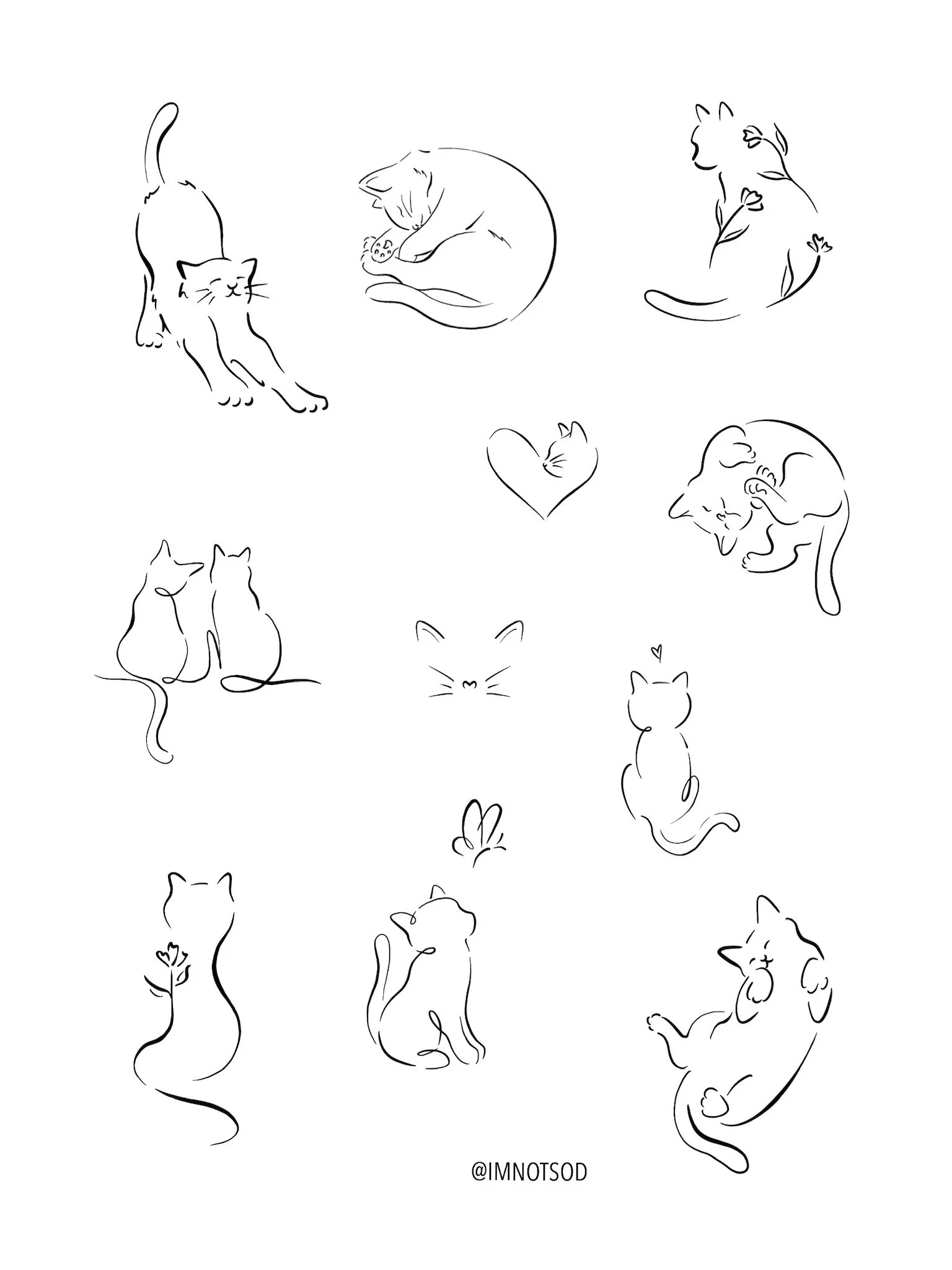 Line drawings of various cats in different poses, some with flowers or hearts, on a white background.