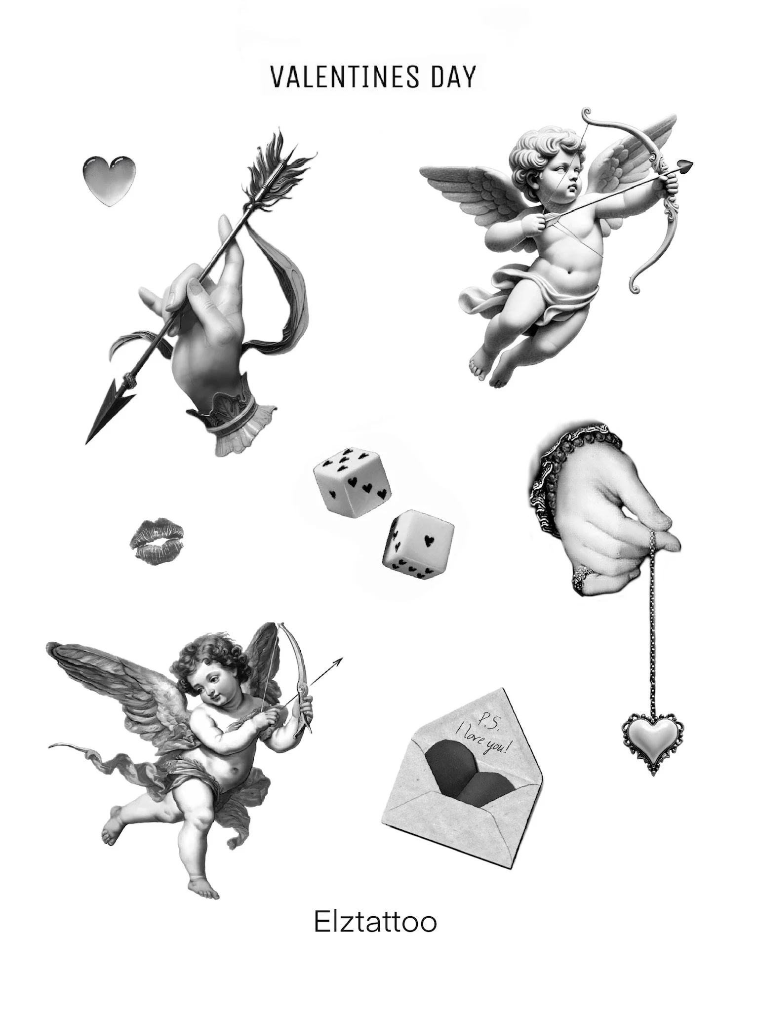 Black and white collage of love-themed images including Cupid with a bow and arrow, a hand holding a heart-shaped charm, a hand holding a card with a heart on it, a kiss mark, two dice, a cherub with a bow, and a note saying 'P.S. I love you!'