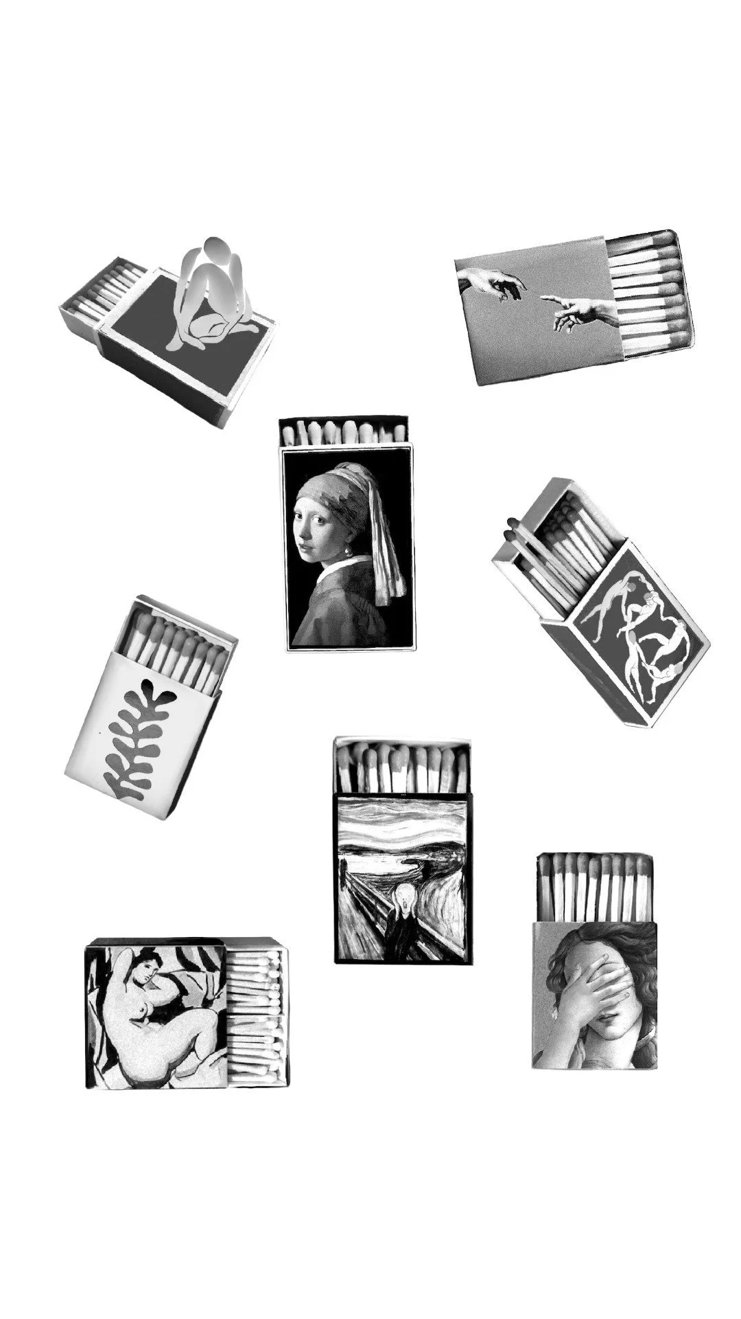 Assorted matchboxes with artwork and images, some featuring classical paintings, photographs of women, and artwork like The Scream. One contains a picture of Mona Lisa, another of a woman with her hand over her face, and others with stylized or abstr