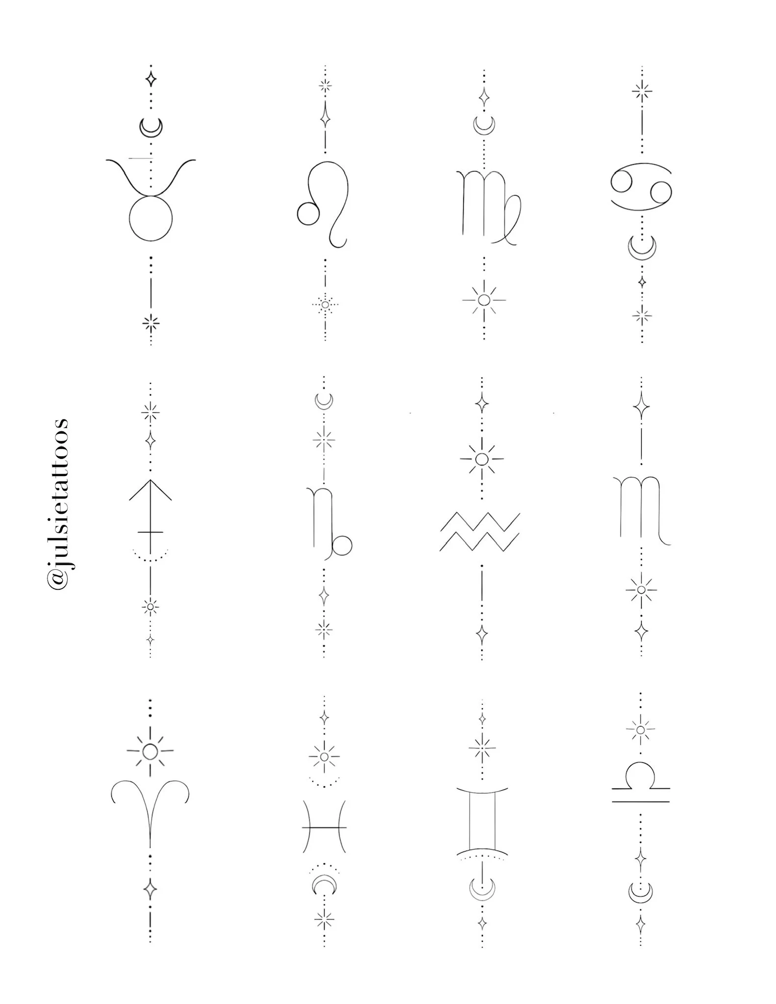 A collection of minimalist tattoo designs featuring zodiac and celestial symbols arranged in four columns.