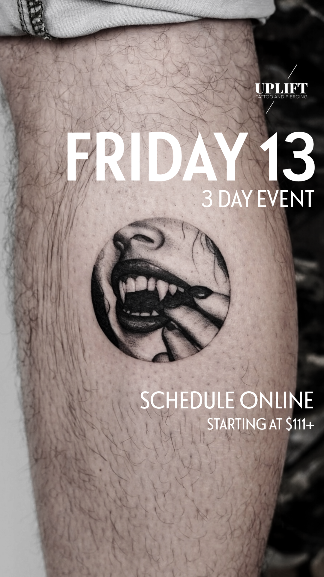 Close-up of a tattoo on a person's upper arm. The tattoo is a black-and-white realistic depiction of a woman with her mouth open, her tongue sticking out, and a finger touching her lip.