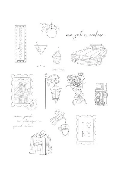 Line drawings of various objects including a 'Broadway' sign, a peach, a martini glass, a cupcake, a classic car, a postage stamp with a bridge, a street lamp, a potted rose, a vintage camera, a shopping bag, a coffee mug, a sign saying 'I love NY', 