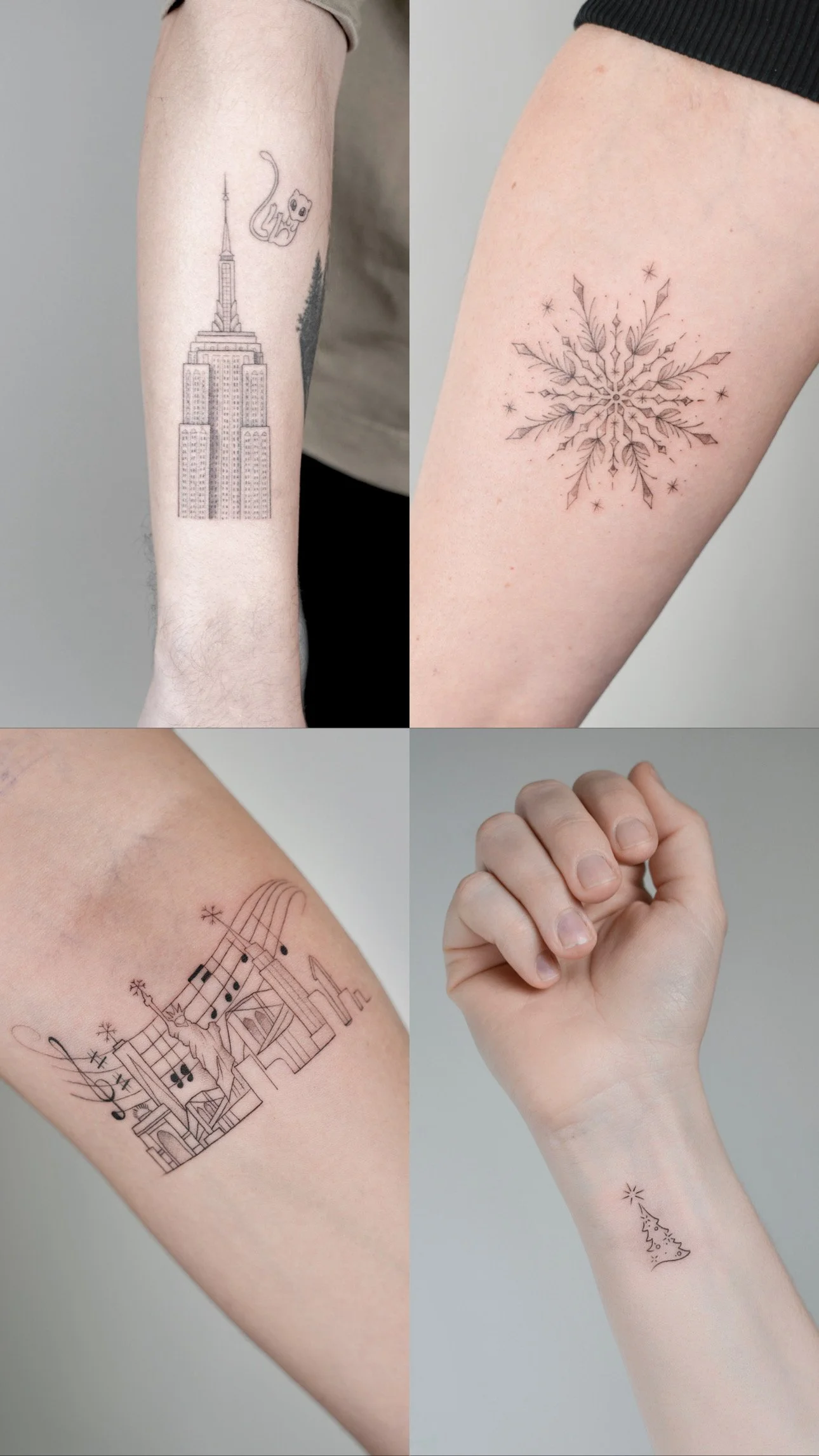 Four different tattoos on different body parts, including a drawing of the Empire State Building with a cat above it, a snowflake, a musical scene, and a small Christmas tree.