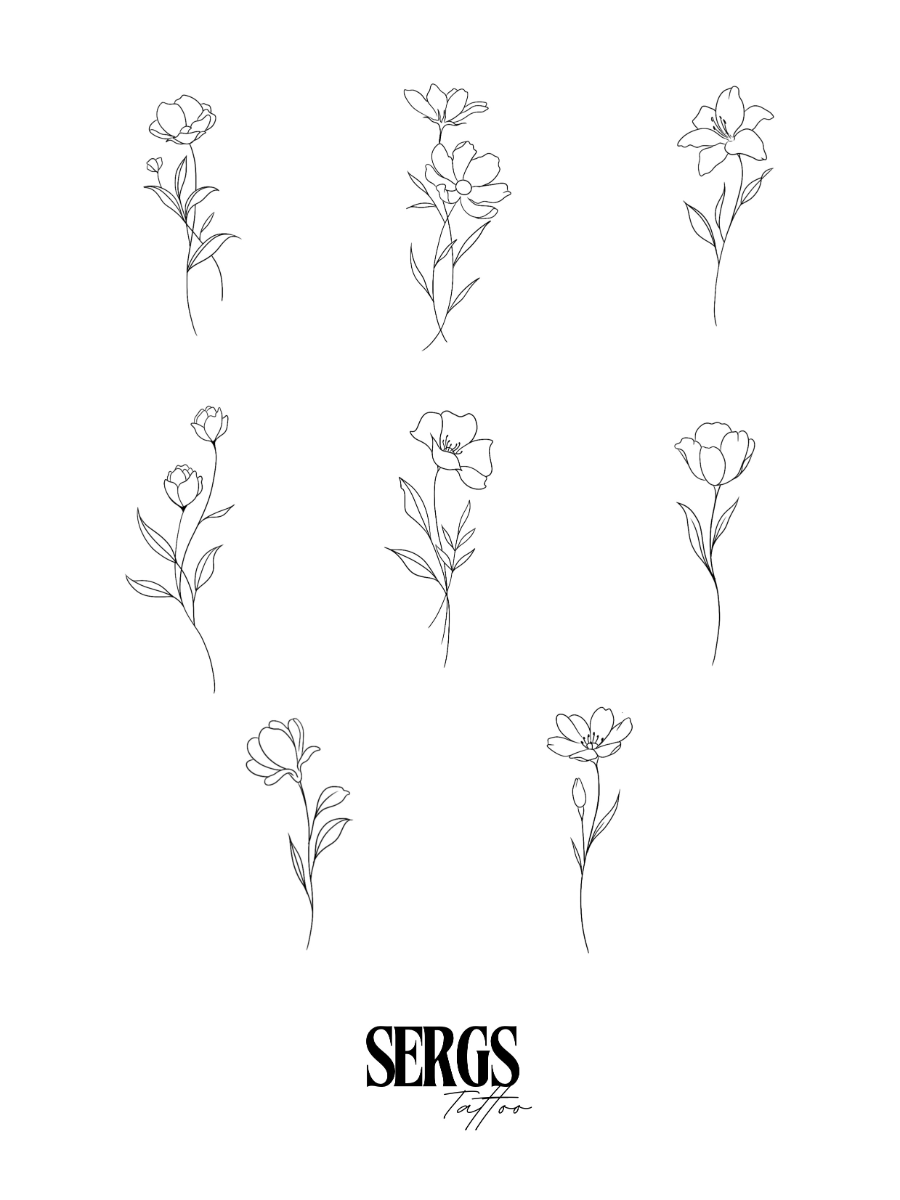 Black line drawings of nine different flowers arranged in a grid pattern on a white background, with the text "SERGS Tattoo" at the bottom.