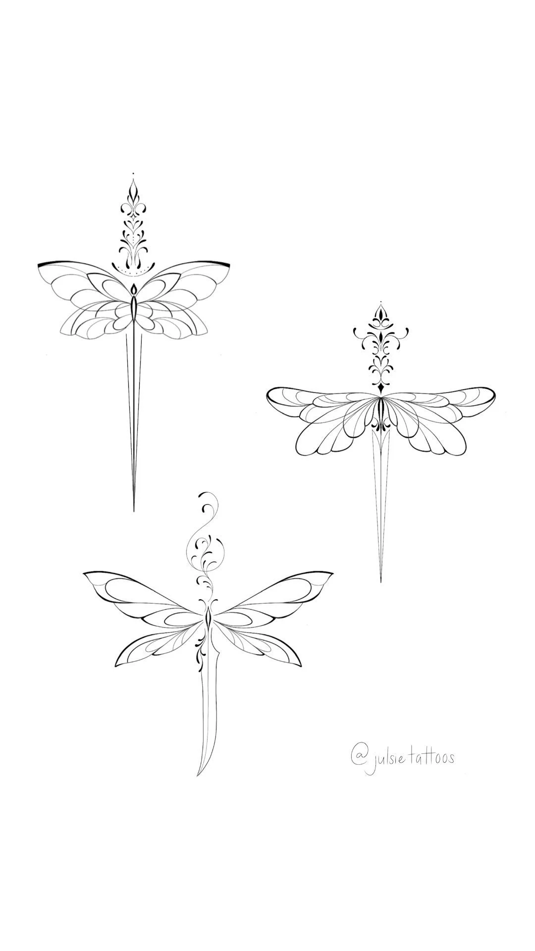Three black and white line art butterfly tattoos, varying in size and design, with intricate details and symmetrical patterns.