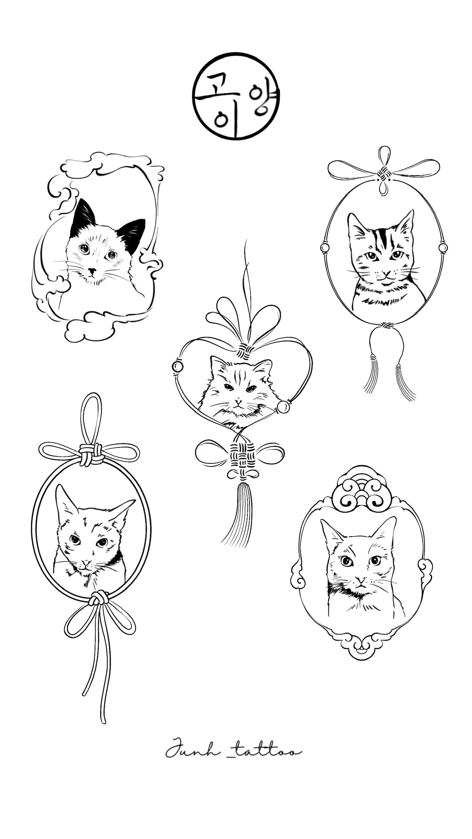 Line drawing of five cat portraits in decorative frames, with a Korean word circle at the top and cursive text "Junh_tattoo" at the bottom.