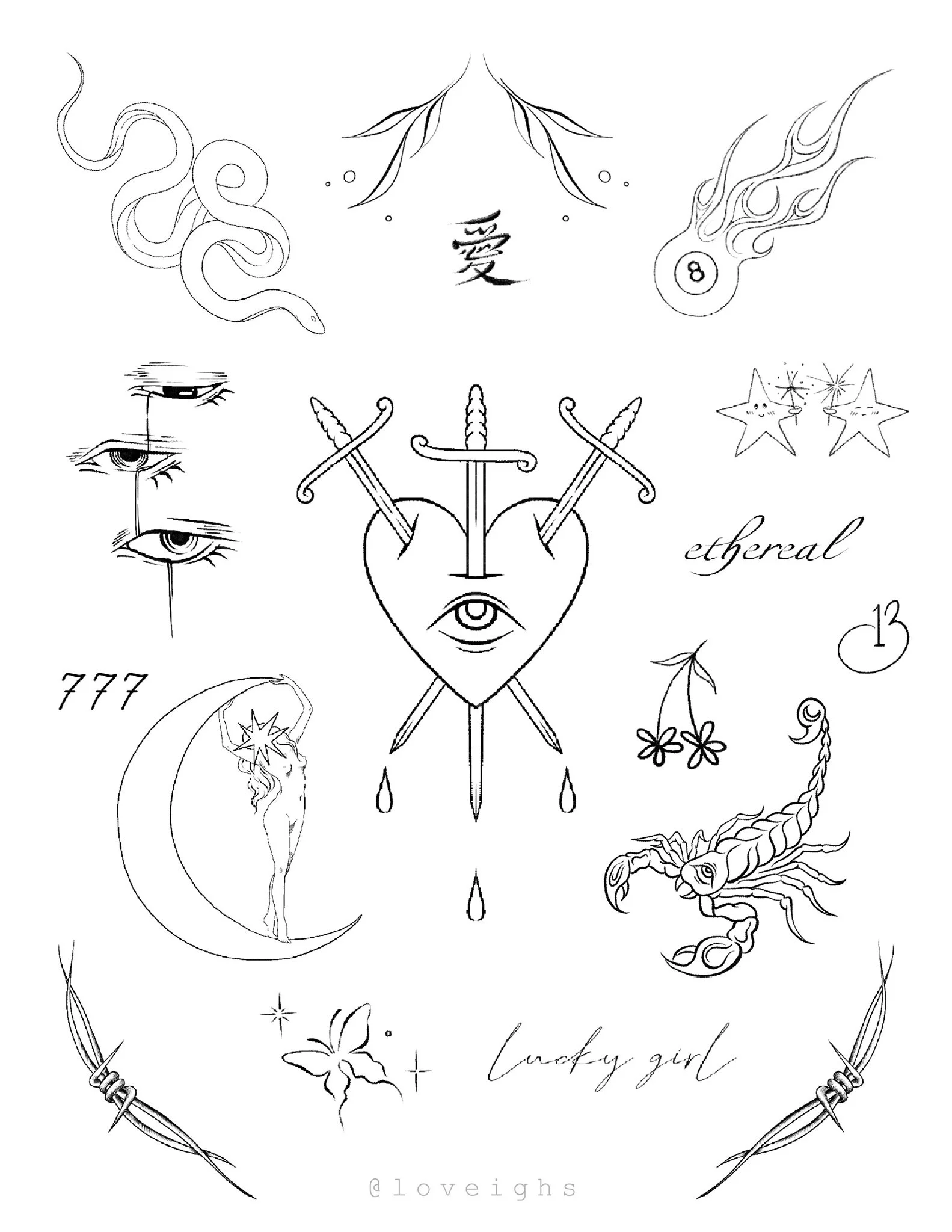 A collection of black and white line drawings including a snake, Chinese character for love, flaming ball, a trio of faces with closed eyes, stars with faces, the number 7, a fairy with wings, the number 13, a heart pierced with swords and with an ey