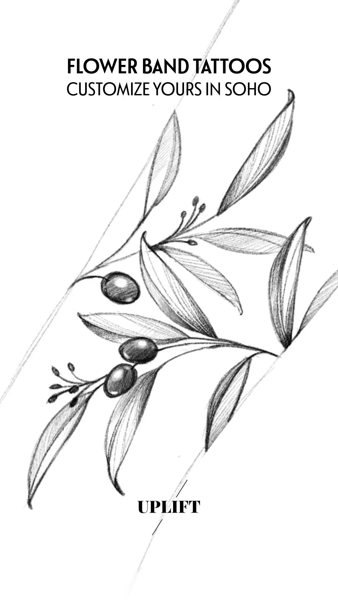 Black and white sketch of olive branches with text promoting flower band tattoos and customization in Soho, by Uplift.