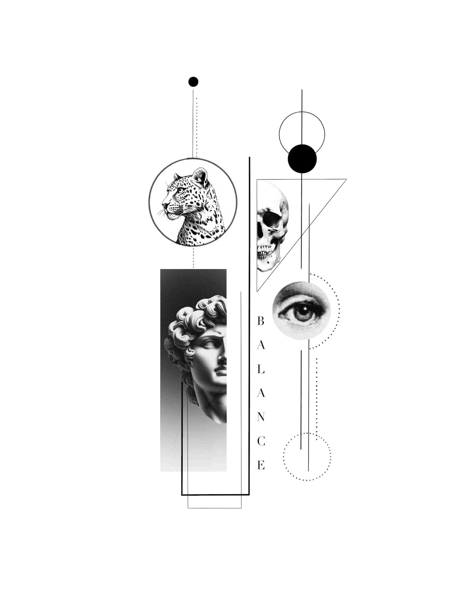 Black and white abstract collage featuring a jaguar, a human skull, a classical sculpture bust, an eye, and the text 'BALANCE' arranged vertically.