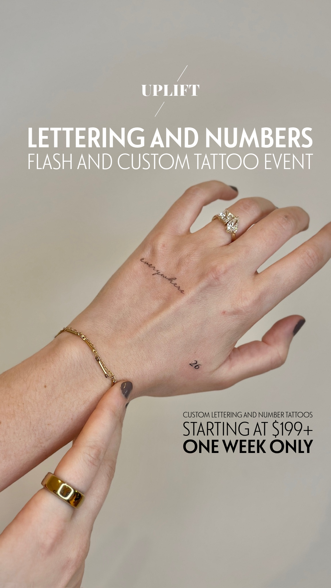 Close-up of two hands with tattoos and jewelry, with promotional text overlayed for a lettering and tattoo event starting at $199, occurring for one week.