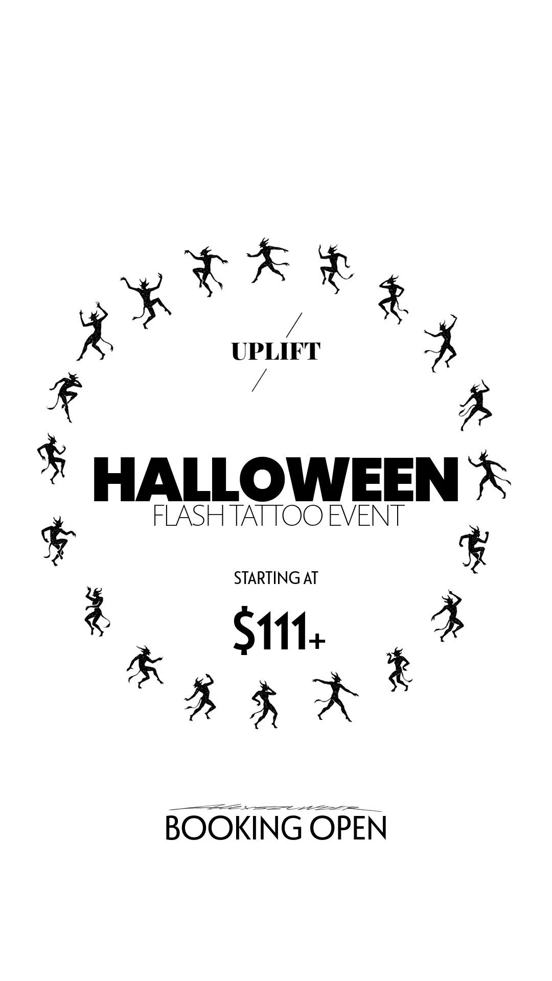 Promotion poster for a Halloween flash tattoo event, starting at $111+, featuring black silhouette dancing reindeer around the text, with booking available.