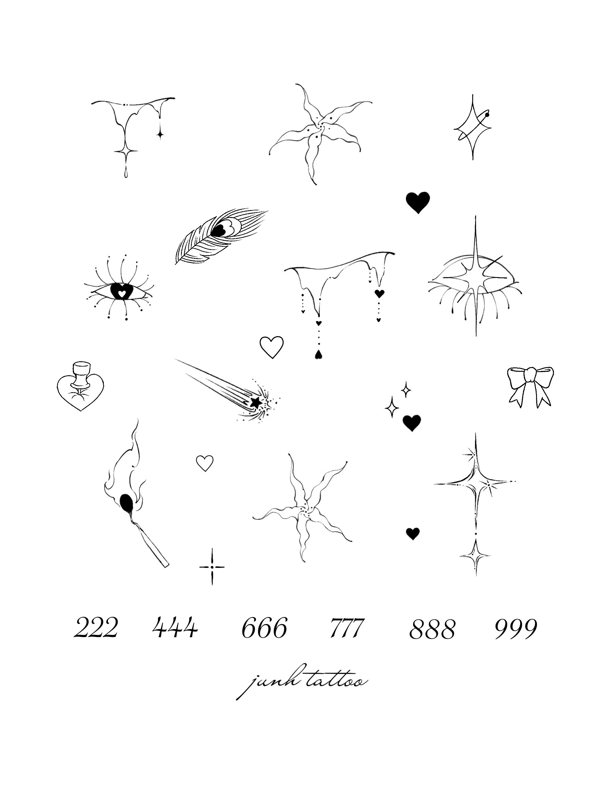 Collection of black and white tattoo designs including stars, crescent moons, hearts, a feather, an eye, a shooting star, a bow, a matchstick, and numbered tattoo styles with the text 'junh tattoo'.