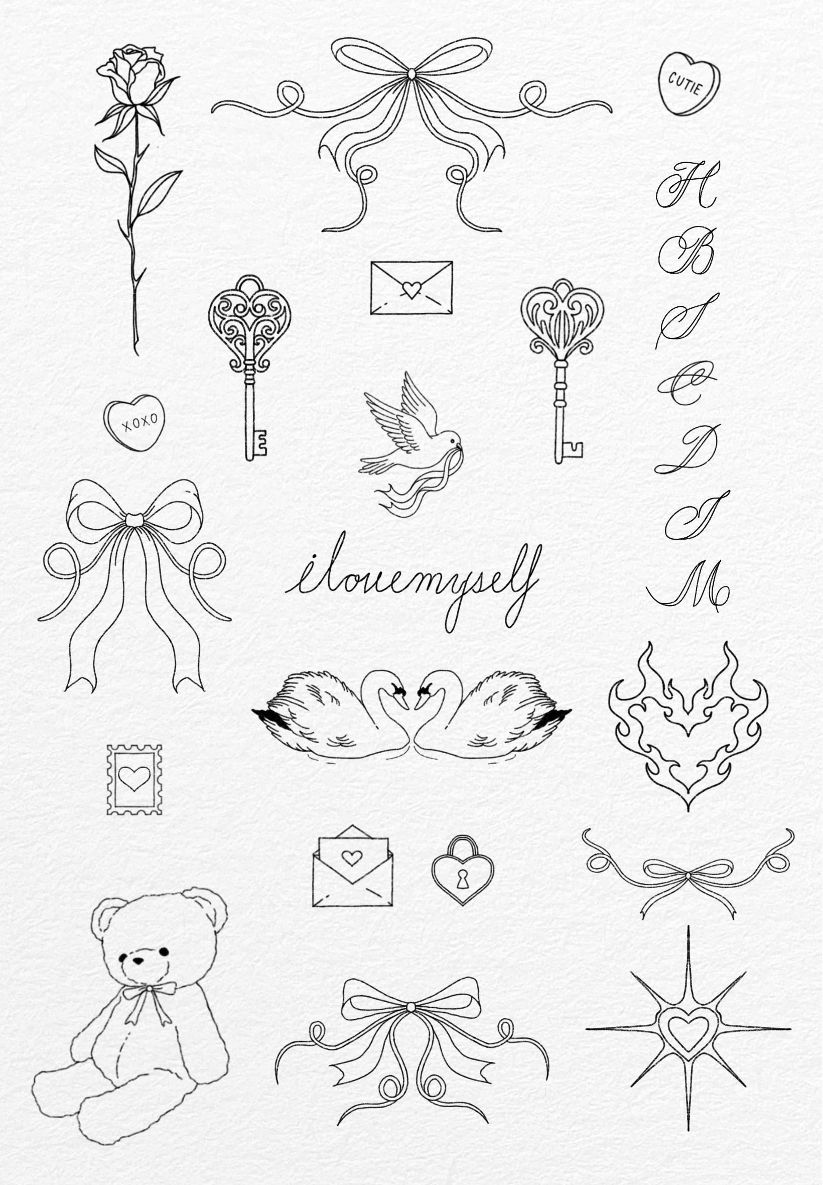 A collection of black and white line drawings of various romantic and cute symbols, including a rose, bow, hearts, keys, swans, doves, a teddy bear, and romantic words like "ilovemewell" and "cutie."