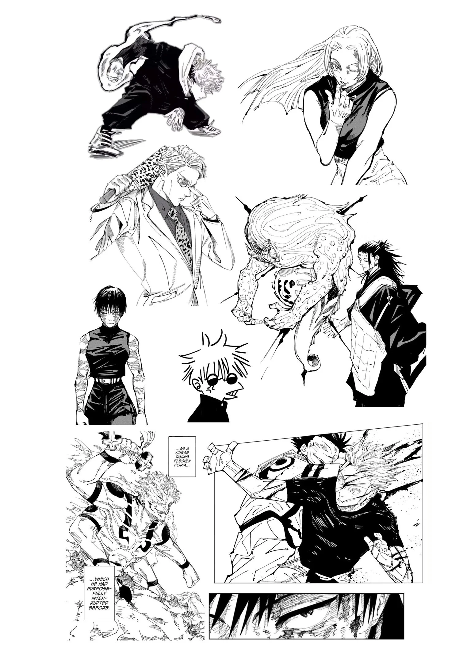 A collage of manga-style characters and scenes, including a man with a sword, a girl with long hair, a fashionably dressed man with glasses, a monster, a woman in traditional clothing, a shocked boy, and action scenes with fighting and intense expres