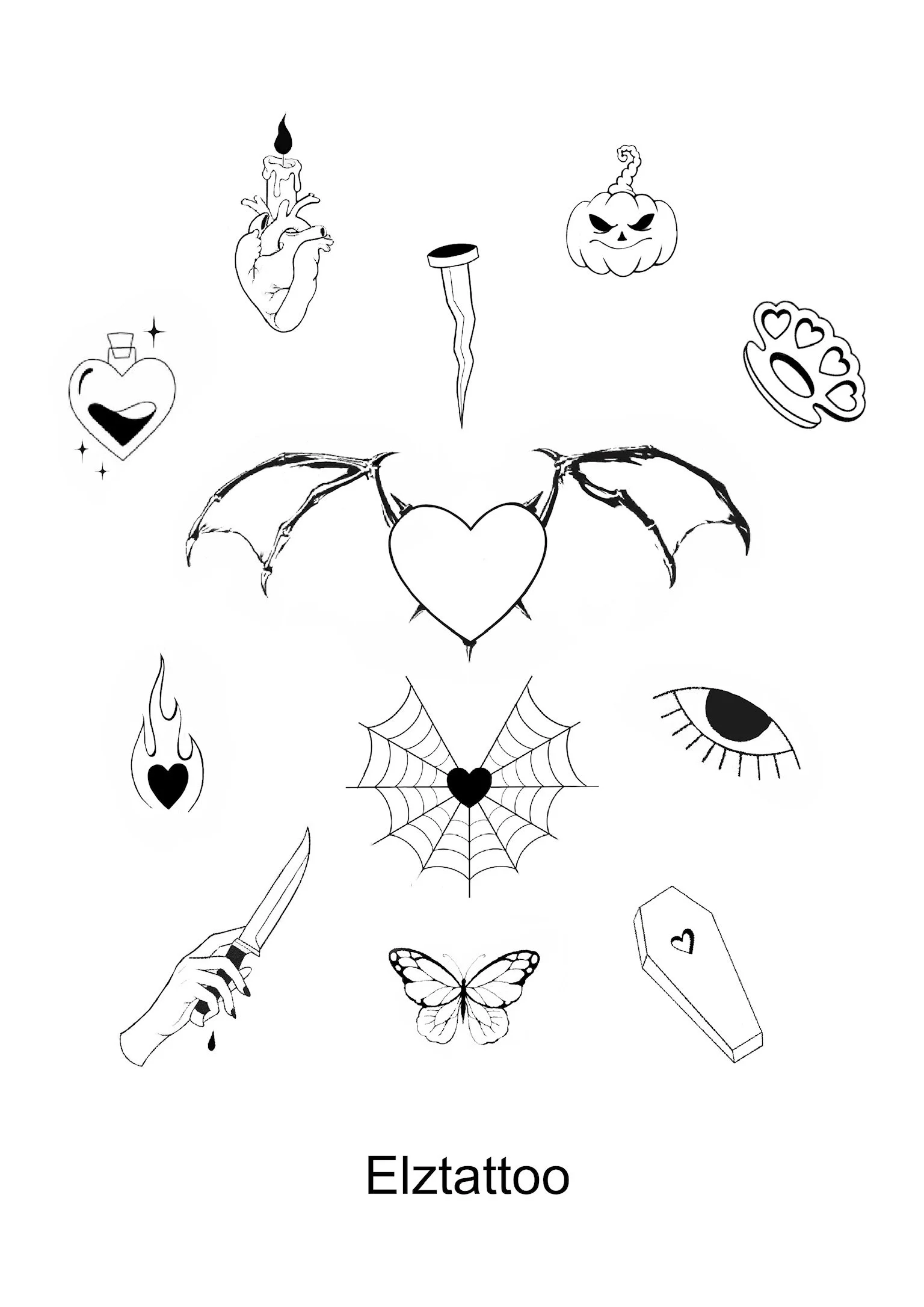 Collection of black and white tattoo-style illustrations, including a bat with a heart-shaped body, a spider web with a heart, a dagger, an eye, a butterfly, a coffin with a heart, a flame with a heart, a heart with wings, a pumpkin, a hand holding a