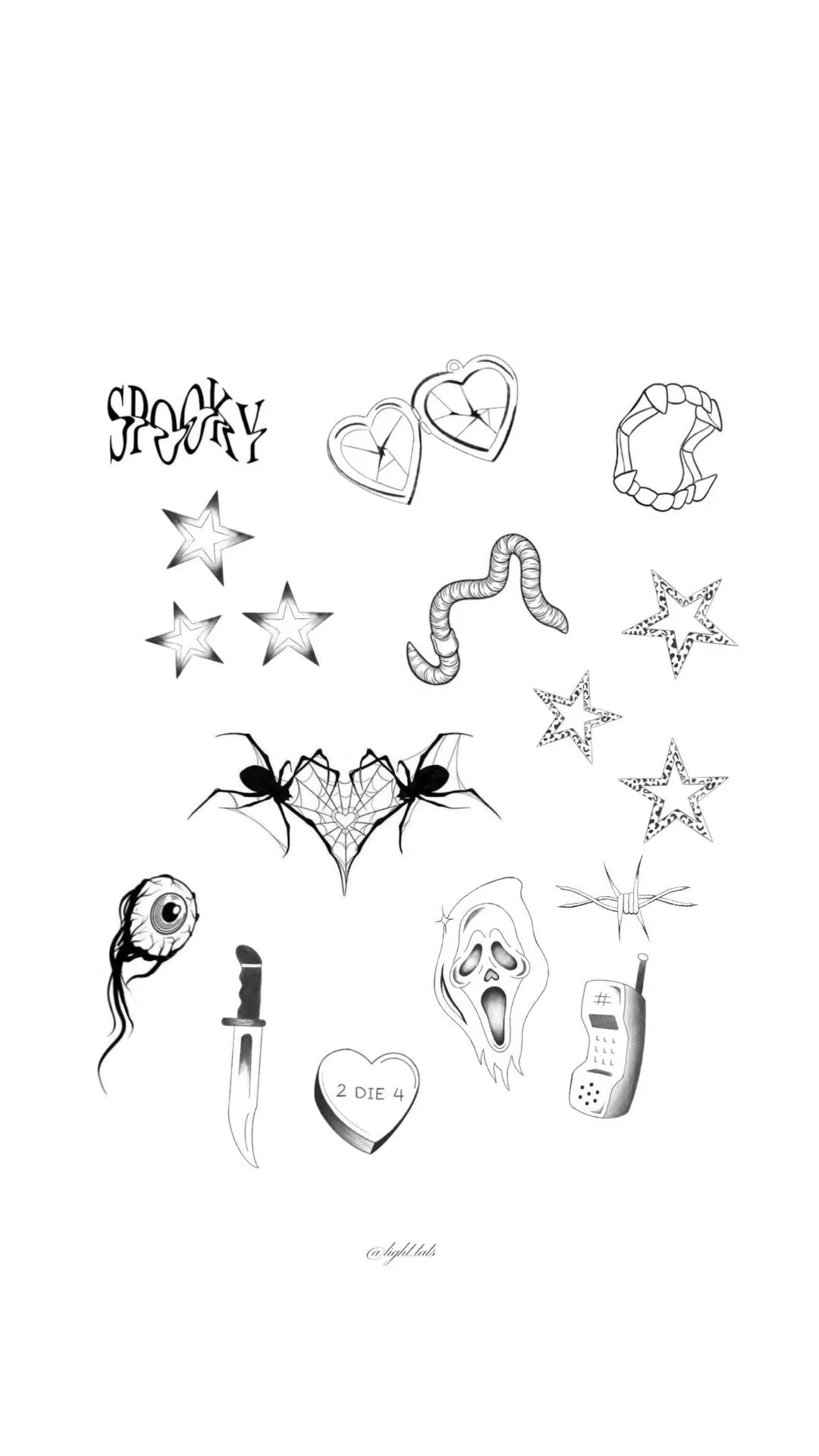 A collection of black and white Halloween-themed illustrations including a "Spooky" sign, hearts, stars, a caterpillar, a spider with a web, a eyeball, a dagger, a heart with "2 die 4" written on it, a ghost face, a mobile phone, a snake, a skull, an