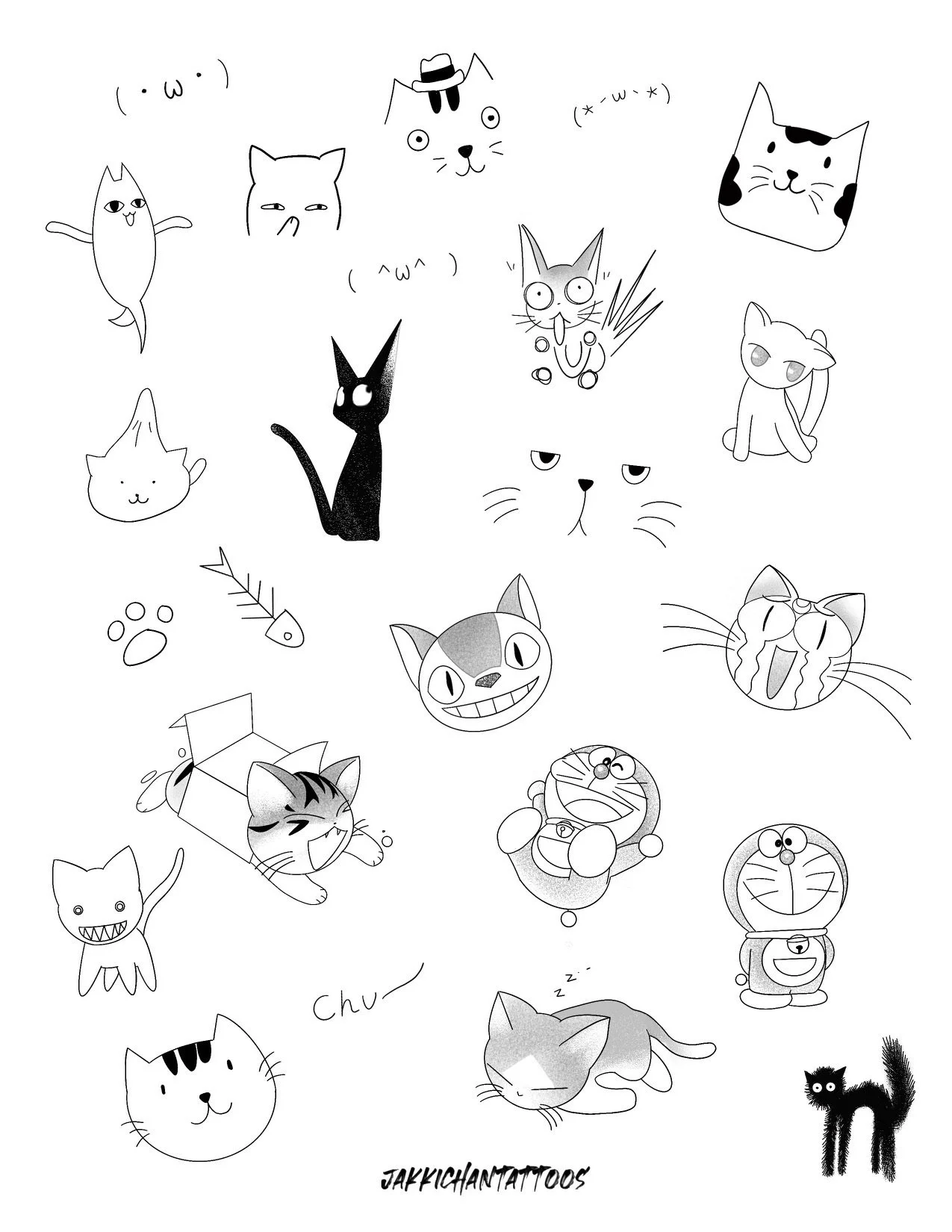 Black and white doodle-style collection of various cartoon cat faces and a small black dog, with some accompanied by speech or sound effects, on a plain background.