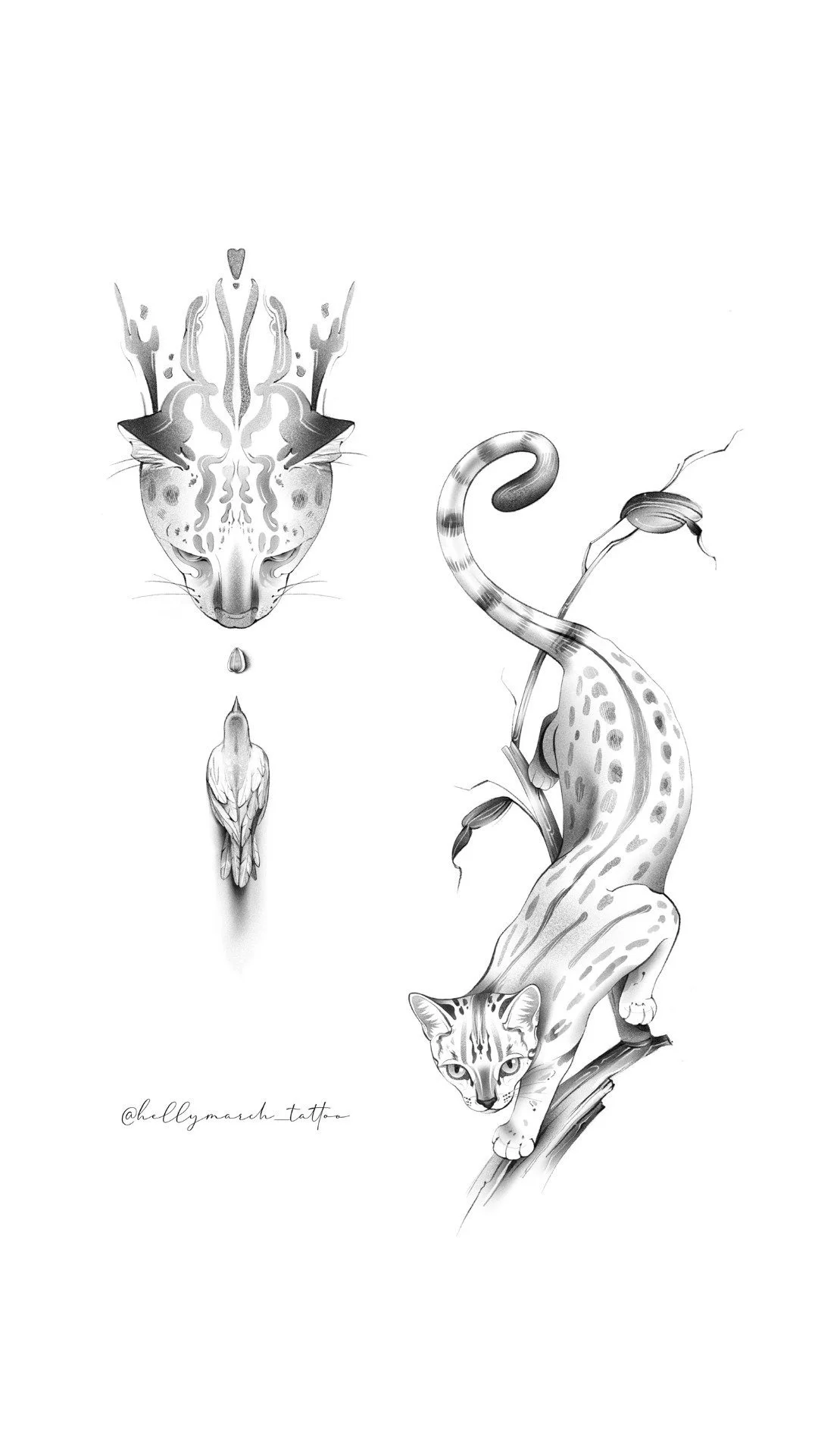 Black and white tattoo art of a cat climbing a branch, with a symmetrical butterfly face and a small bird in the center.