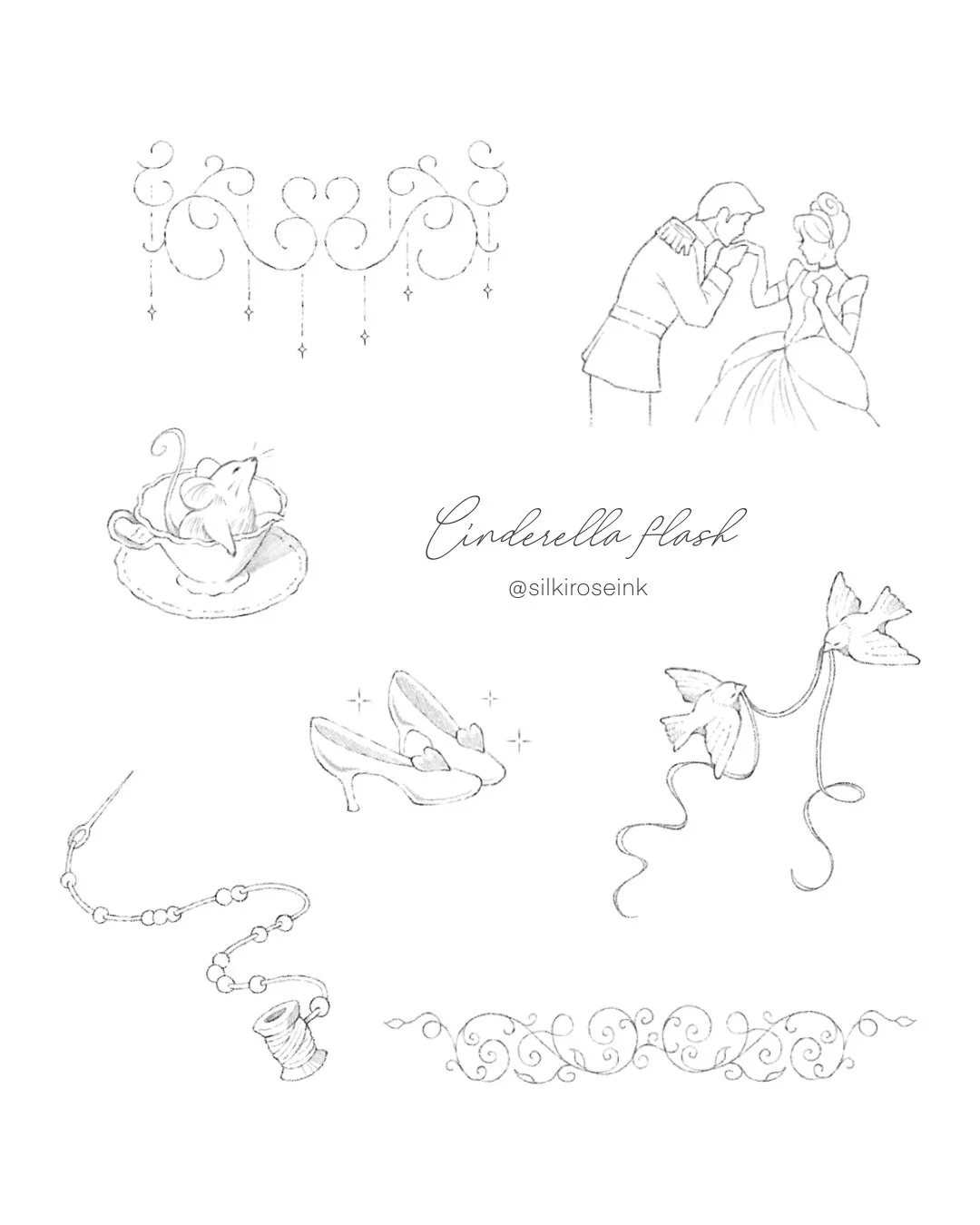 Sketches of Cinderella-themed items including a chandelier, prince and princess dance, mouse with a cake, glass slippers, flying birds, a string of pearls, and decorative swirls, with the text 'Cinderella flash' and the Instagram handle '@silkirosein