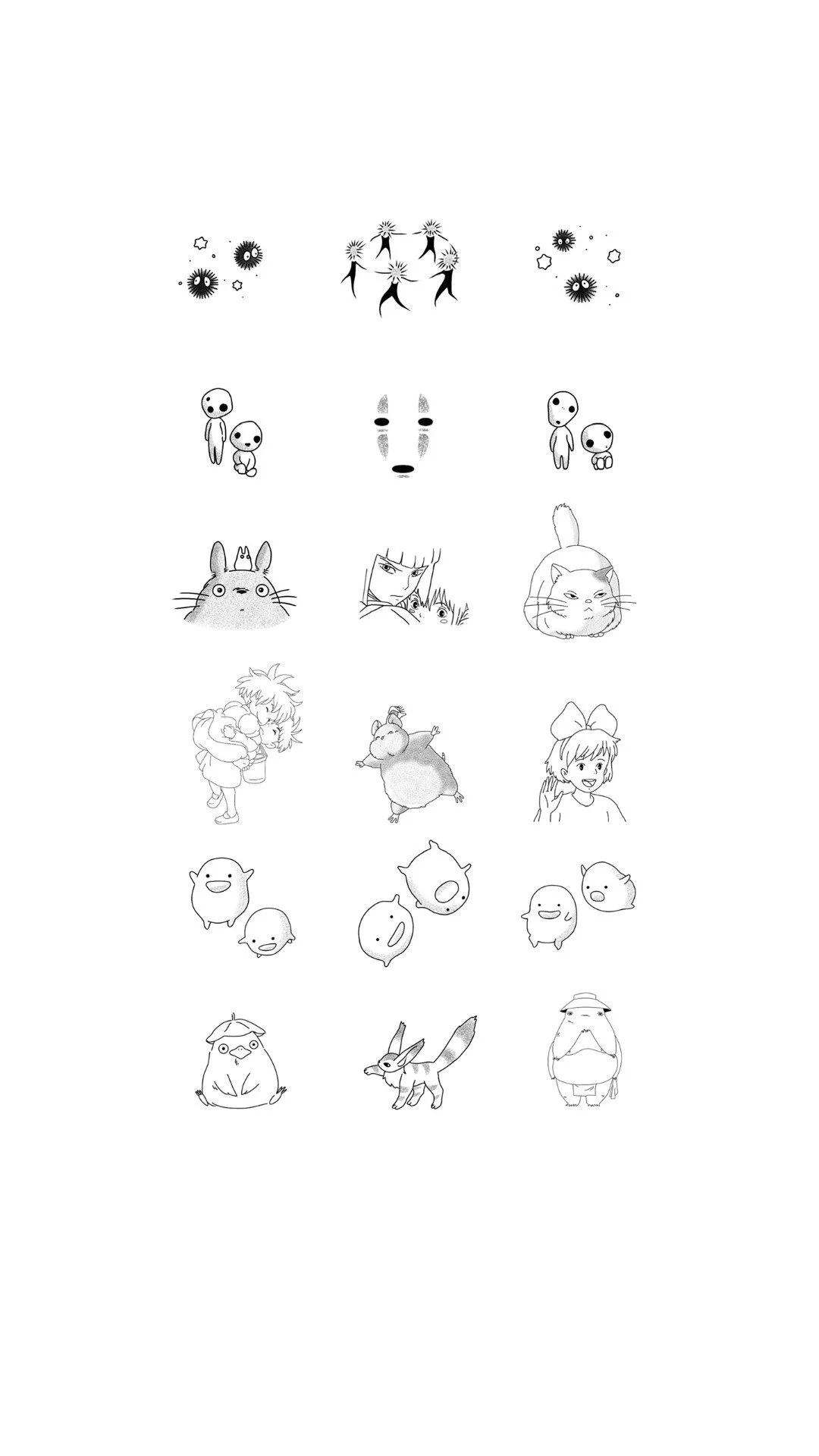 A collection of various black-and-white cartoon characters, animals, and fantasy creatures arranged vertically.