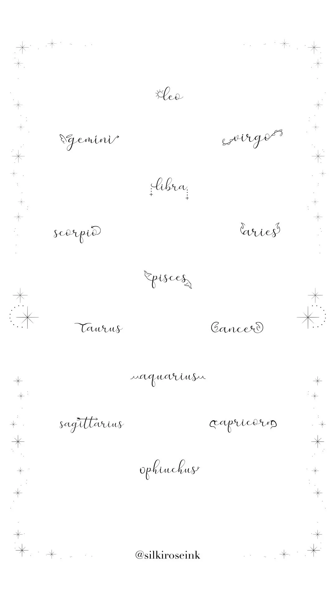 Decorative image featuring handwritten names of the twelve zodiac signs arranged in a circle with star illustrations on the borders.