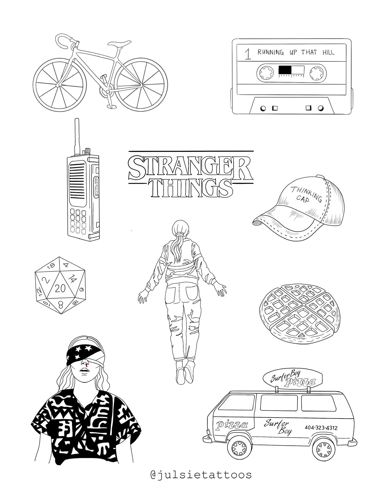 Line drawing featuring a bicycle, cassette tape labeled 'Running Up That Hill', walkie-talkie, 'Stranger Things' logo, baseball cap labeled 'Thinking Cap', 20-sided die, woman standing with arms outstretched, pizza, masked woman with patterned shirt,